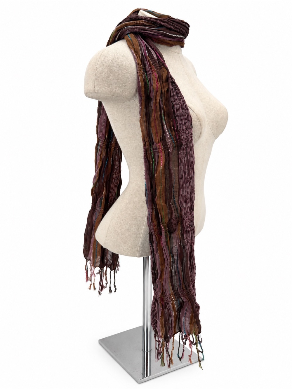 Cejon Purple Multicolor Stripe Textured Fringe Scarf Boho Y2K Accessory